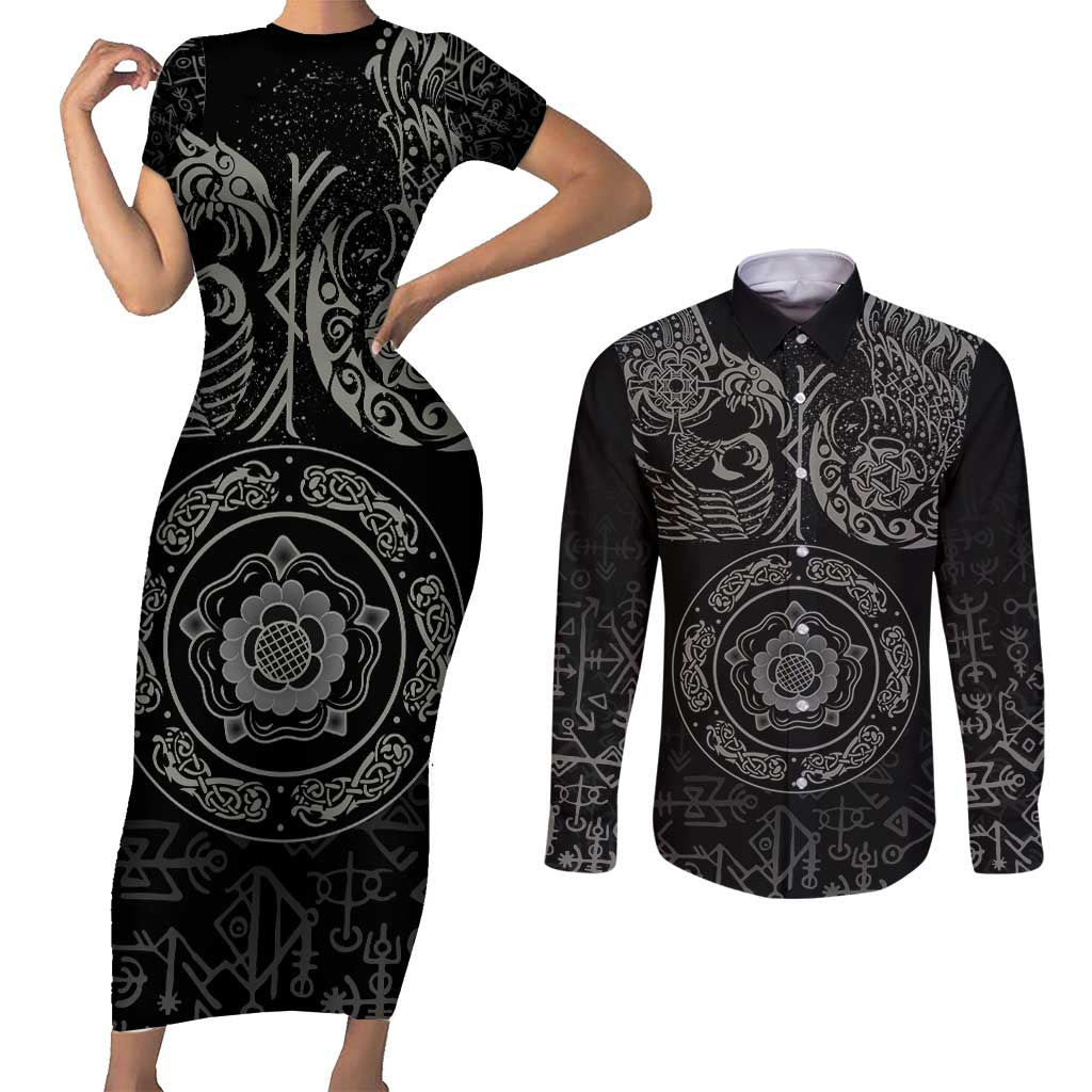 Viking Pride of Yorkshire Couples Matching Short Sleeve Bodycon Dress and Long Sleeve Button Shirt Black Odin’s Ravens Nordic - Wonder Print Shop