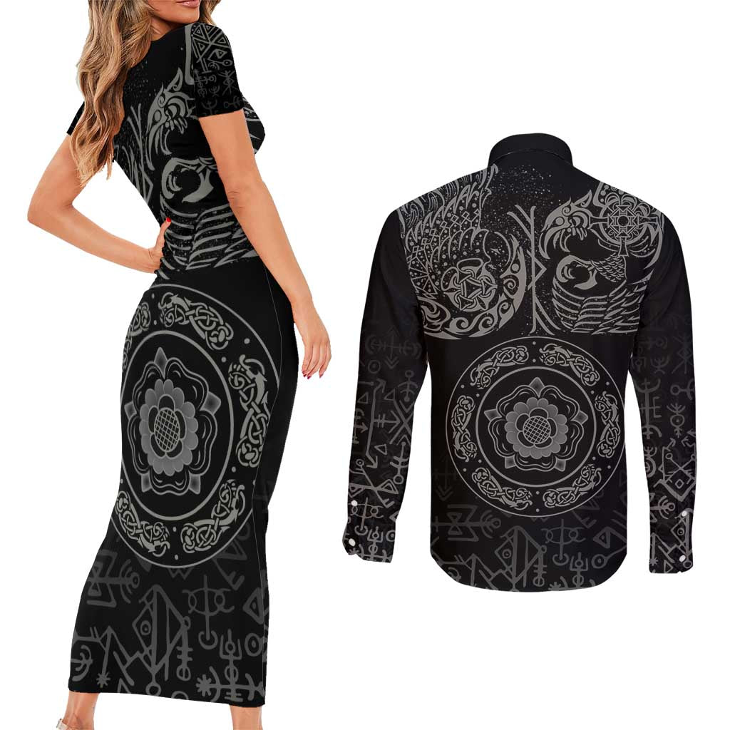 Viking Pride of Yorkshire Couples Matching Short Sleeve Bodycon Dress and Long Sleeve Button Shirt Black Odin’s Ravens Nordic - Wonder Print Shop