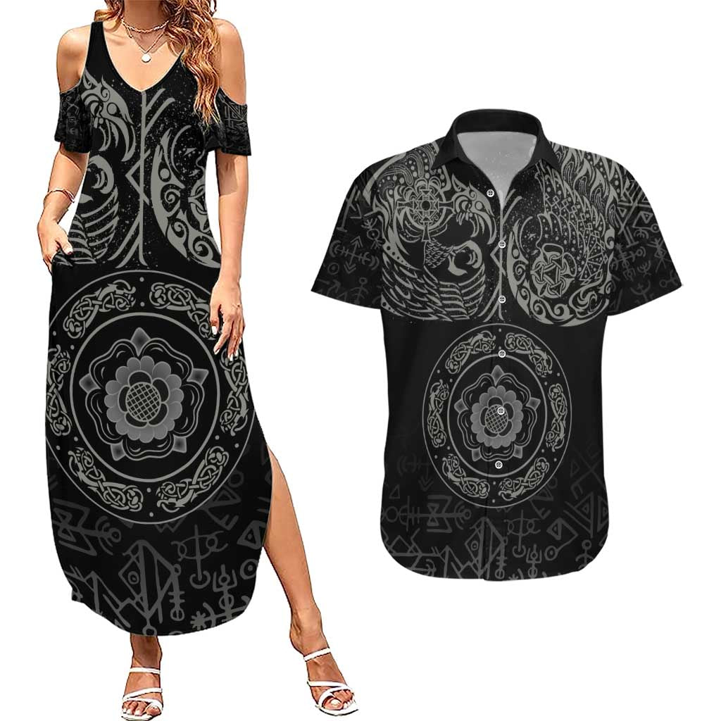 Viking Pride of Yorkshire Couples Matching Summer Maxi Dress and Hawaiian Shirt Black Odin’s Ravens Nordic - Wonder Print Shop
