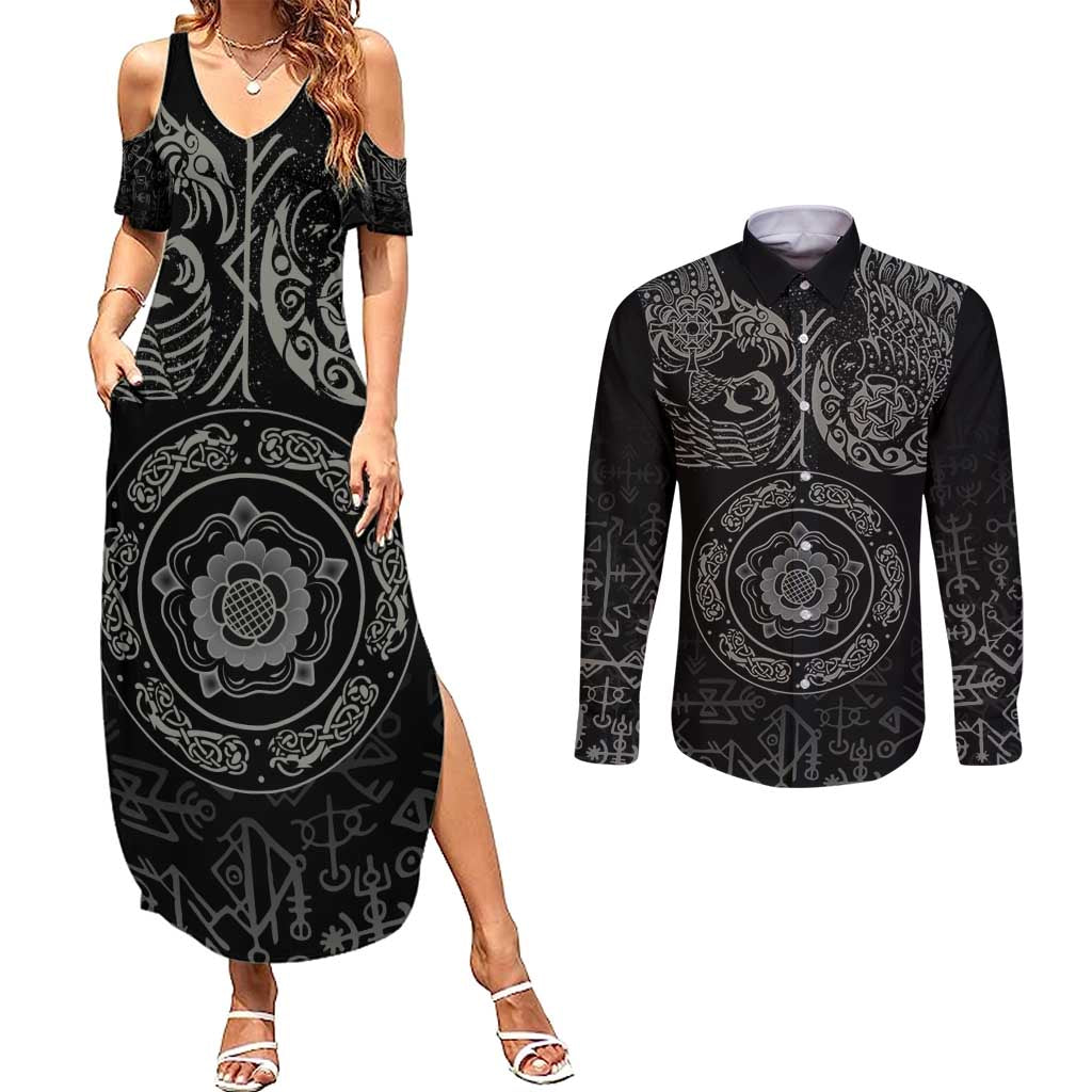 Viking Pride of Yorkshire Couples Matching Summer Maxi Dress and Long Sleeve Button Shirt Black Odin’s Ravens Nordic - Wonder Print Shop