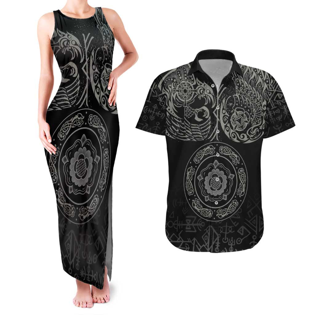 Viking Pride of Yorkshire Couples Matching Tank Maxi Dress and Hawaiian Shirt Black Odin’s Ravens Nordic - Wonder Print Shop