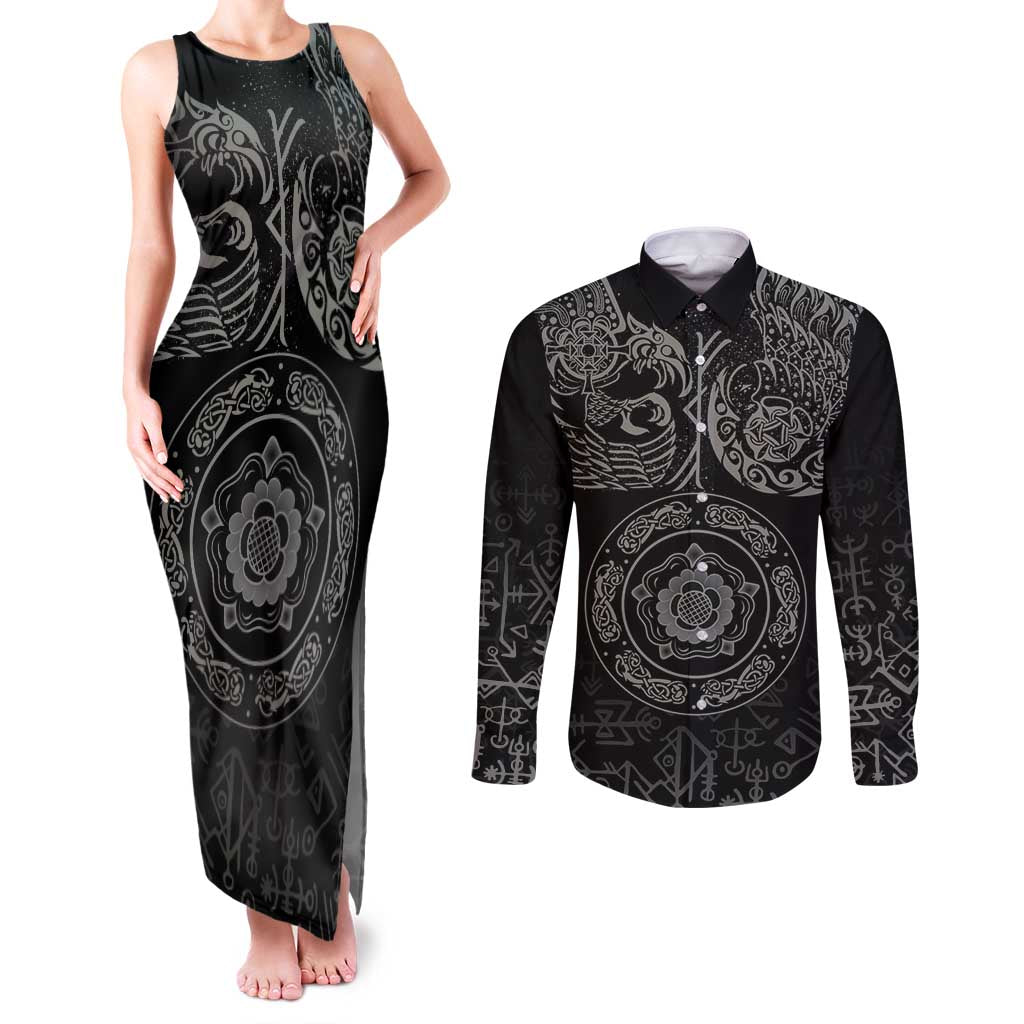 Viking Pride of Yorkshire Couples Matching Tank Maxi Dress and Long Sleeve Button Shirt Black Odin’s Ravens Nordic - Wonder Print Shop