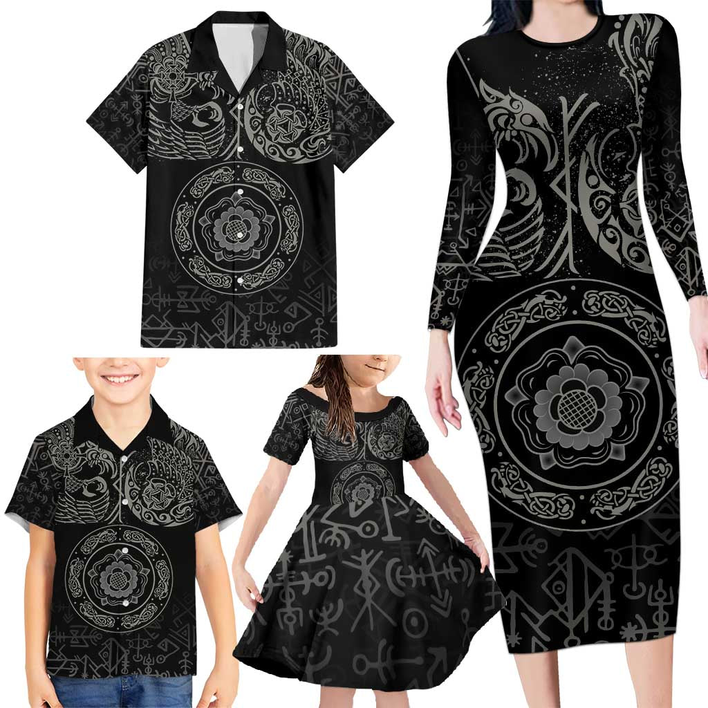 Viking Pride of Yorkshire Family Matching Long Sleeve Bodycon Dress and Hawaiian Shirt Black Odin’s Ravens Nordic - Wonder Print Shop