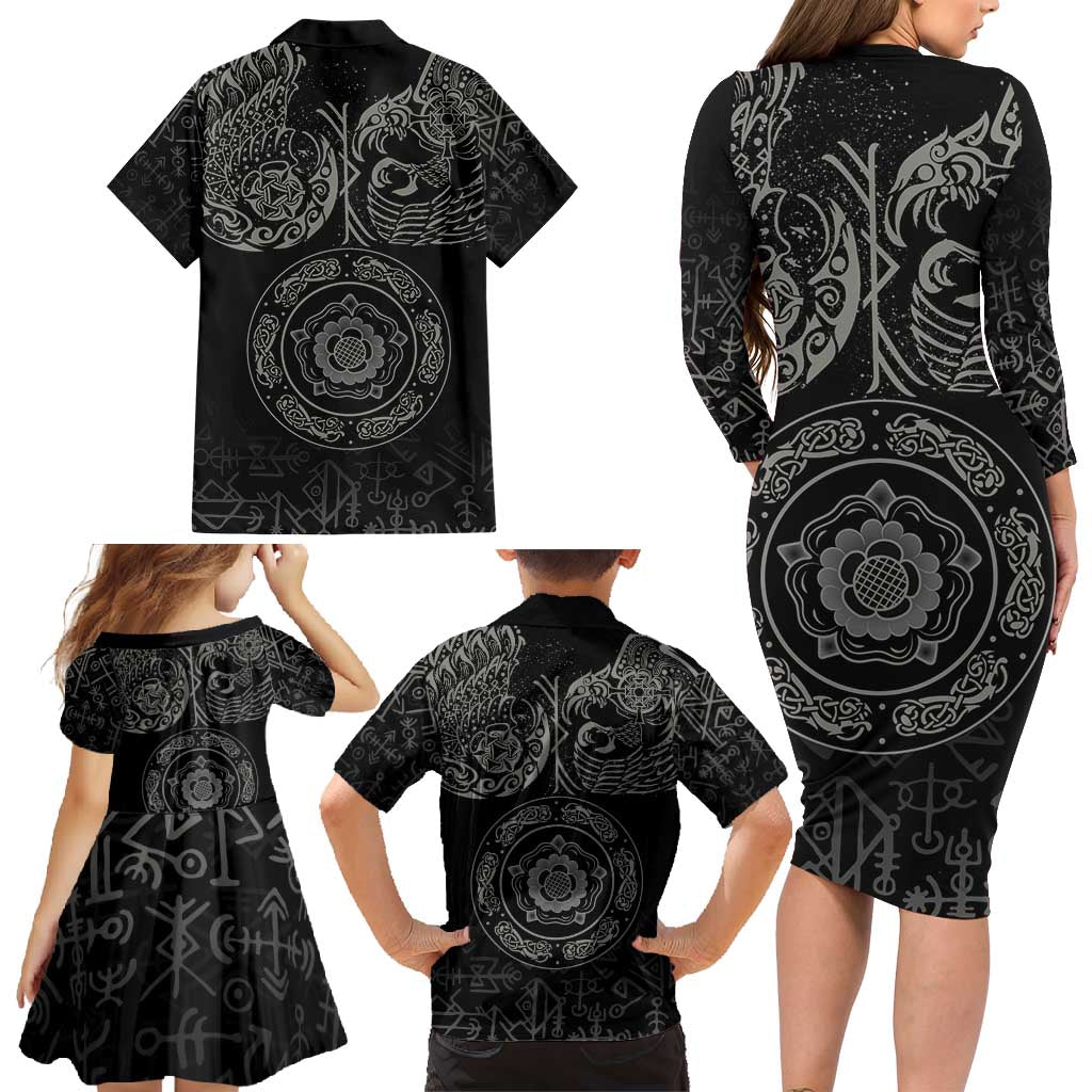 Viking Pride of Yorkshire Family Matching Long Sleeve Bodycon Dress and Hawaiian Shirt Black Odin’s Ravens Nordic - Wonder Print Shop