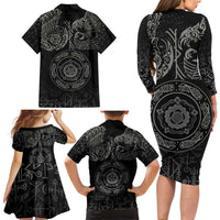 Viking Pride of Yorkshire Family Matching Long Sleeve Bodycon Dress and Hawaiian Shirt Black Odin’s Ravens Nordic - Wonder Print Shop