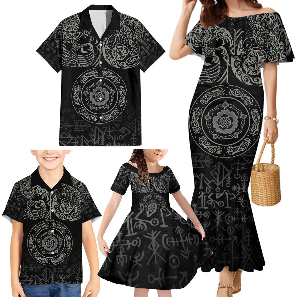 Viking Pride of Yorkshire Family Matching Mermaid Dress and Hawaiian Shirt Black Odin’s Ravens Nordic - Wonder Print Shop