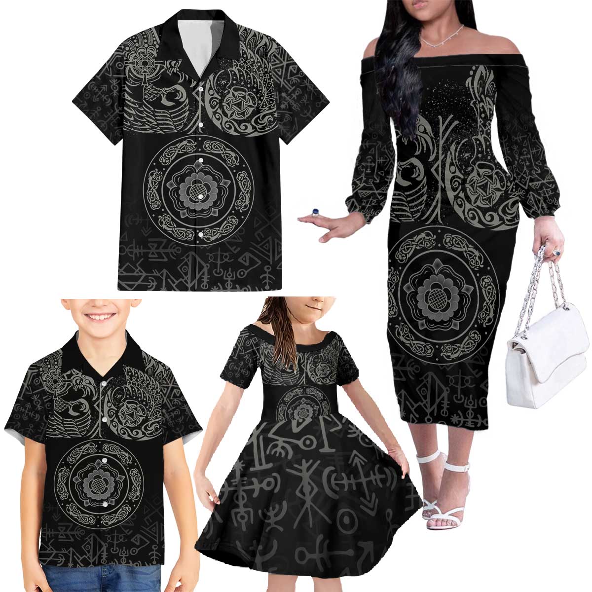 Viking Pride of Yorkshire Family Matching Off The Shoulder Long Sleeve Dress and Hawaiian Shirt Black Odin’s Ravens Nordic - Wonder Print Shop