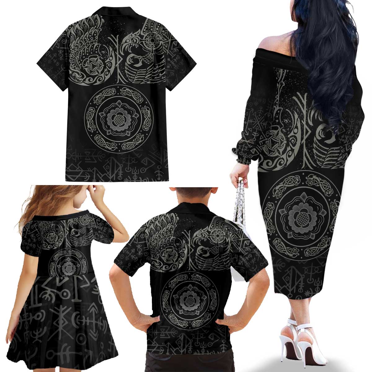 Viking Pride of Yorkshire Family Matching Off The Shoulder Long Sleeve Dress and Hawaiian Shirt Black Odin’s Ravens Nordic - Wonder Print Shop