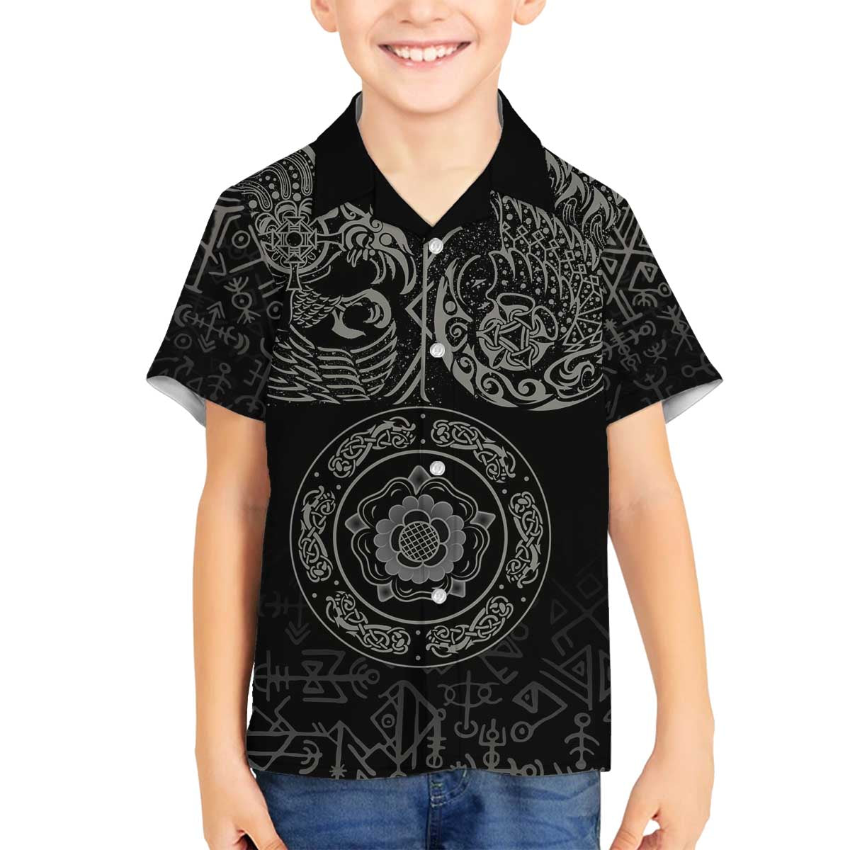 Viking Pride of Yorkshire Family Matching Off The Shoulder Long Sleeve Dress and Hawaiian Shirt Black Odin’s Ravens Nordic - Wonder Print Shop