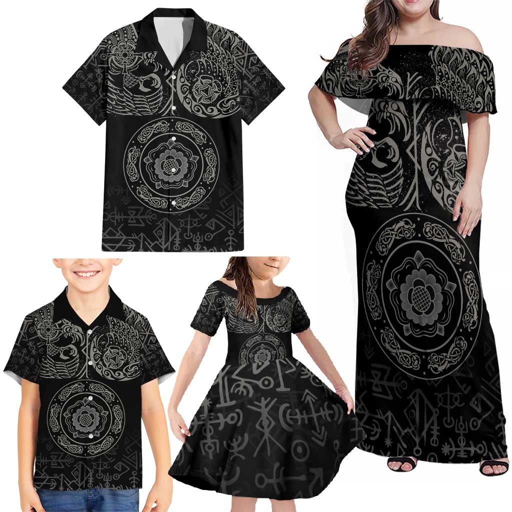 Viking Pride of Yorkshire Family Matching Off Shoulder Maxi Dress and Hawaiian Shirt Black Odin’s Ravens Nordic - Wonder Print Shop