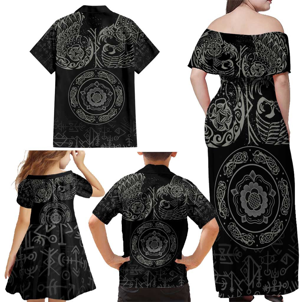 Viking Pride of Yorkshire Family Matching Off Shoulder Maxi Dress and Hawaiian Shirt Black Odin’s Ravens Nordic - Wonder Print Shop