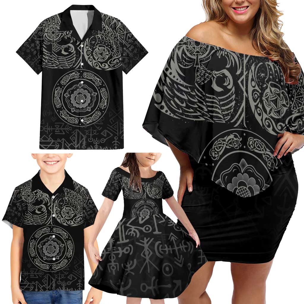 Viking Pride of Yorkshire Family Matching Off Shoulder Short Dress and Hawaiian Shirt Black Odin’s Ravens Nordic - Wonder Print Shop
