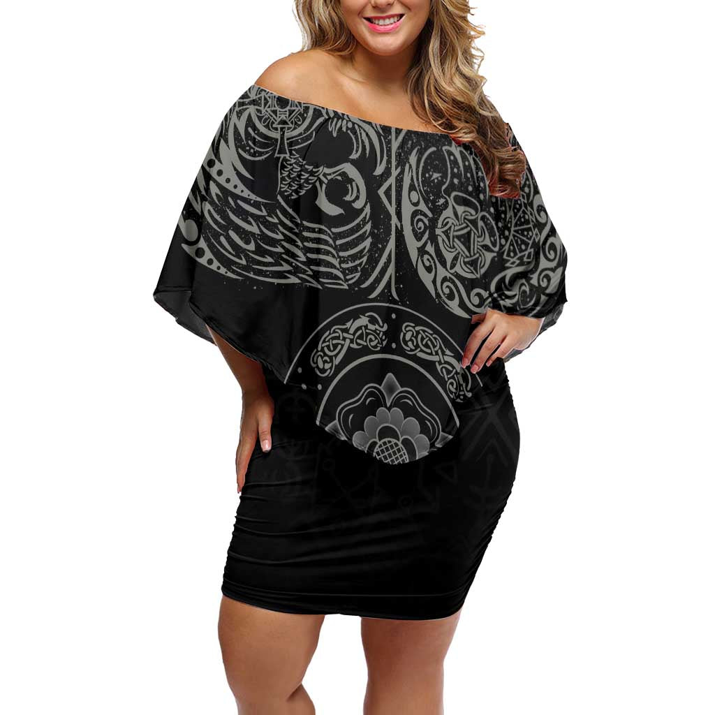 Viking Pride of Yorkshire Family Matching Off Shoulder Short Dress and Hawaiian Shirt Black Odin’s Ravens Nordic - Wonder Print Shop