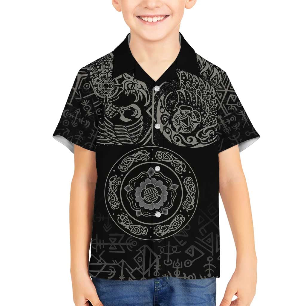 Viking Pride of Yorkshire Family Matching Off Shoulder Short Dress and Hawaiian Shirt Black Odin’s Ravens Nordic - Wonder Print Shop