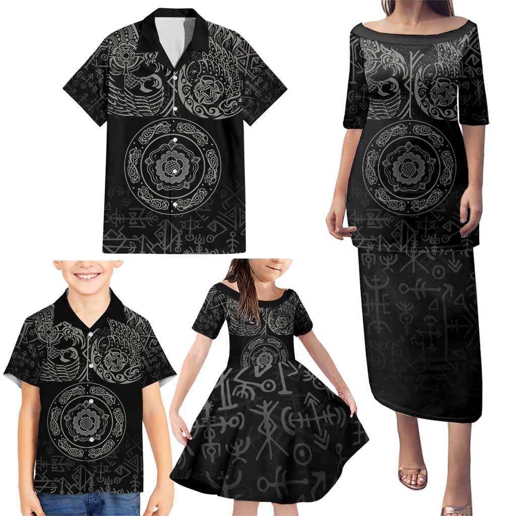 Viking Pride of Yorkshire Family Matching Puletasi and Hawaiian Shirt Black Odin’s Ravens Nordic - Wonder Print Shop