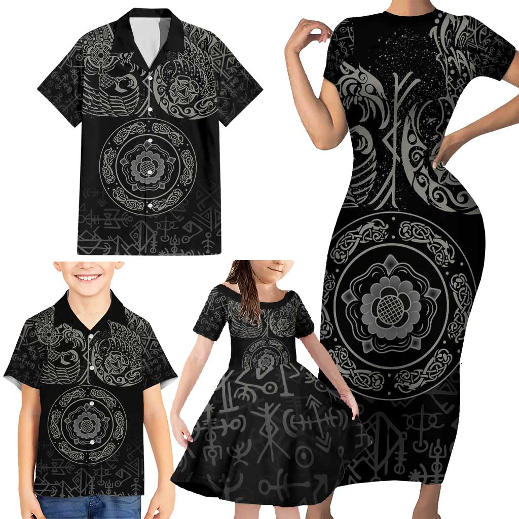 Viking Pride of Yorkshire Family Matching Short Sleeve Bodycon Dress and Hawaiian Shirt Black Odin’s Ravens Nordic - Wonder Print Shop