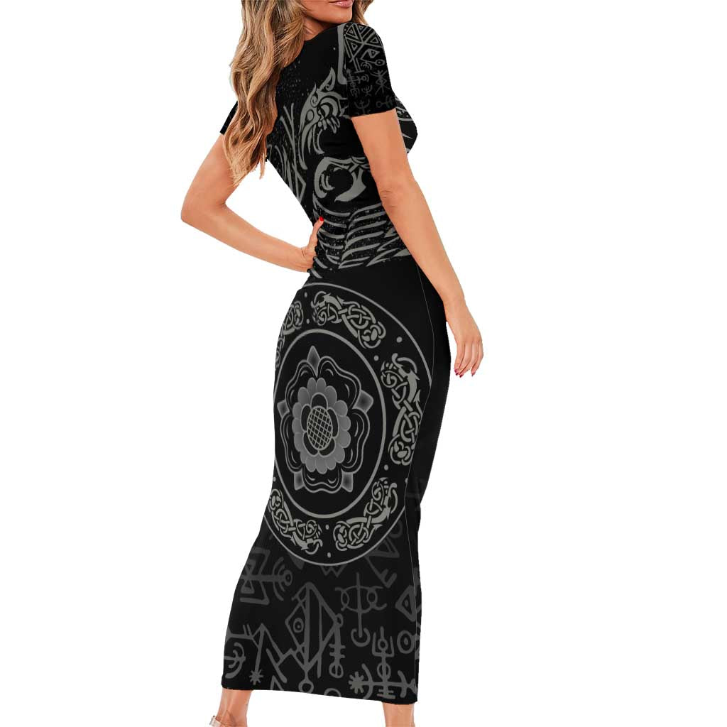 Viking Pride of Yorkshire Family Matching Short Sleeve Bodycon Dress and Hawaiian Shirt Black Odin’s Ravens Nordic - Wonder Print Shop