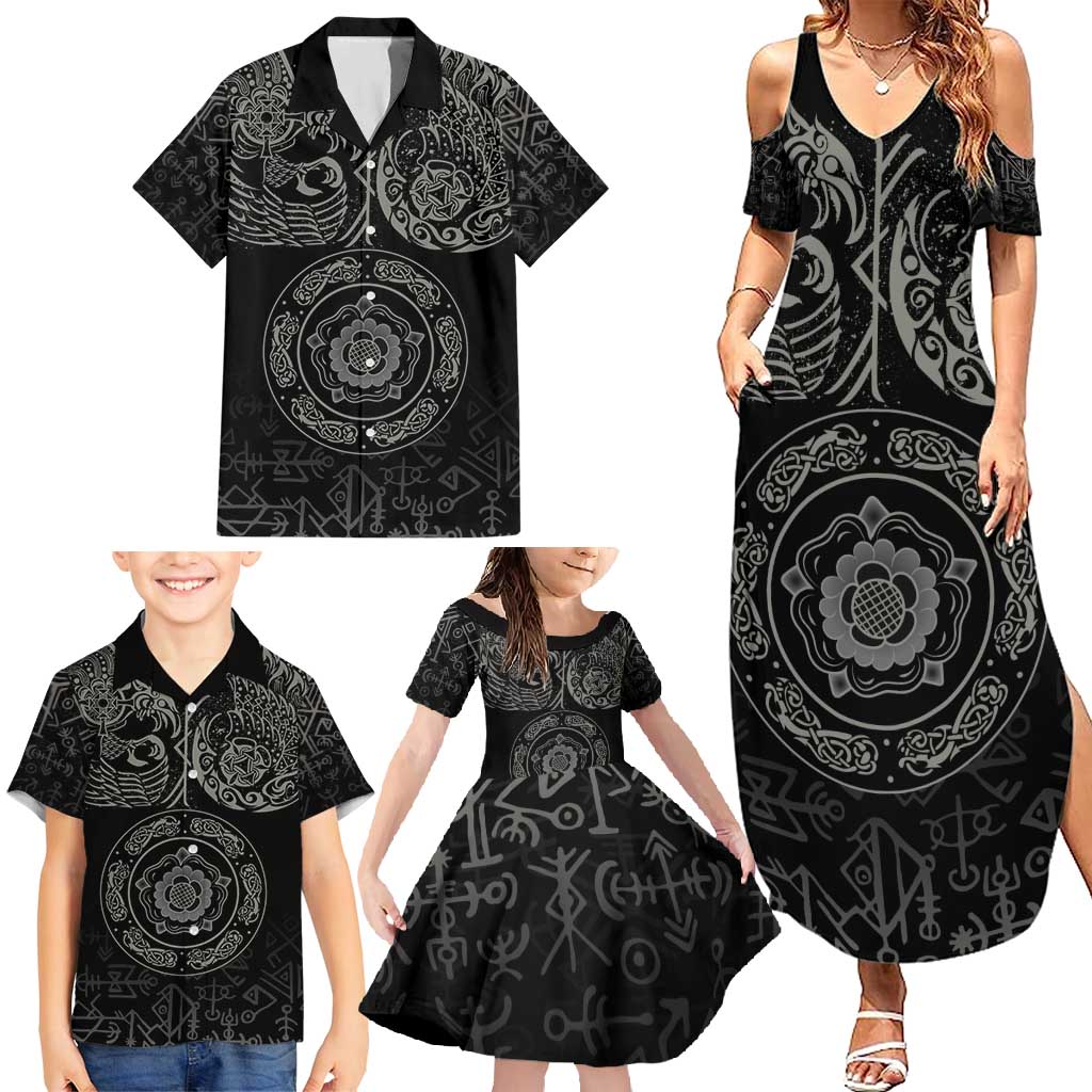 Viking Pride of Yorkshire Family Matching Summer Maxi Dress and Hawaiian Shirt Black Odin’s Ravens Nordic - Wonder Print Shop
