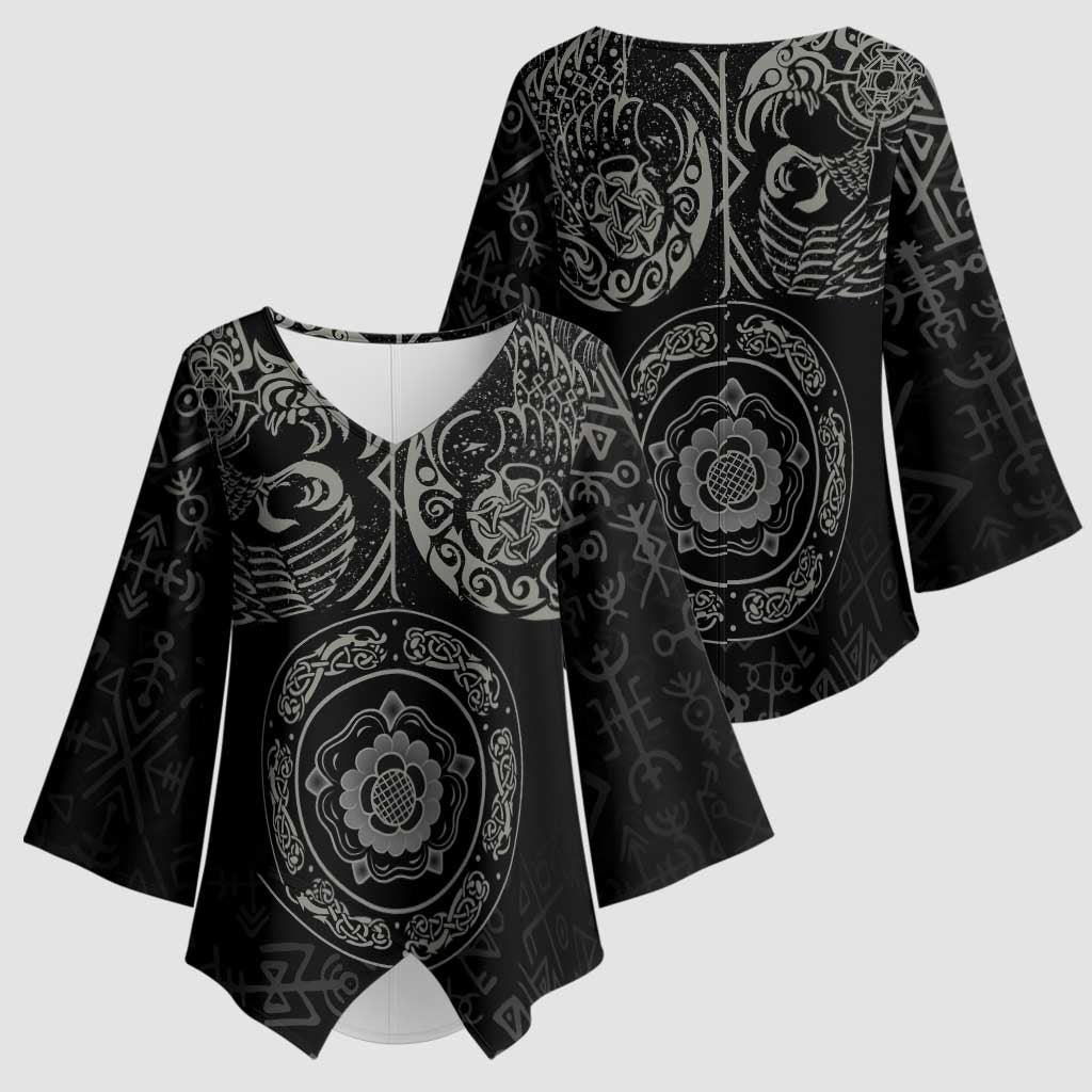 Viking Pride of Yorkshire Kimono Sleeve Blouse Black Odin’s Ravens Nordic - Wonder Print Shop