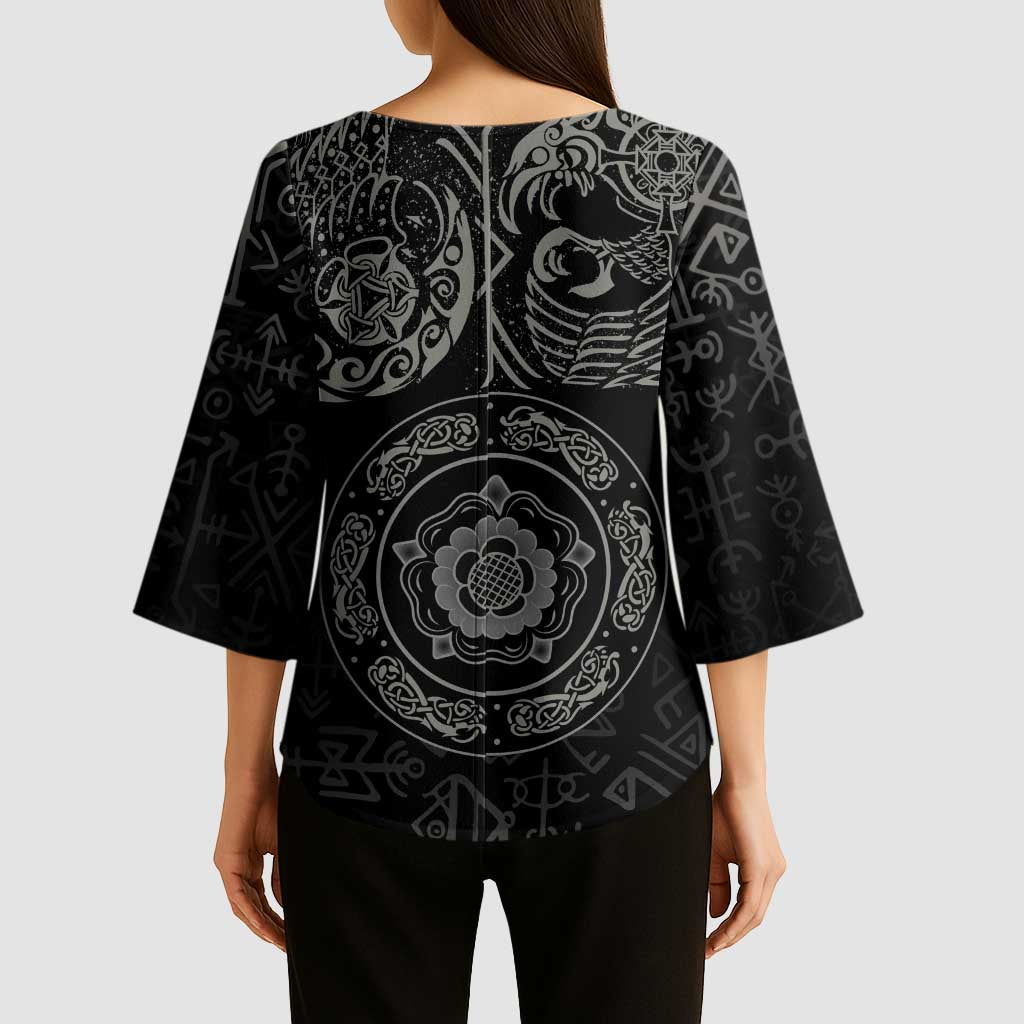 Viking Pride of Yorkshire Kimono Sleeve Blouse Black Odin’s Ravens Nordic - Wonder Print Shop