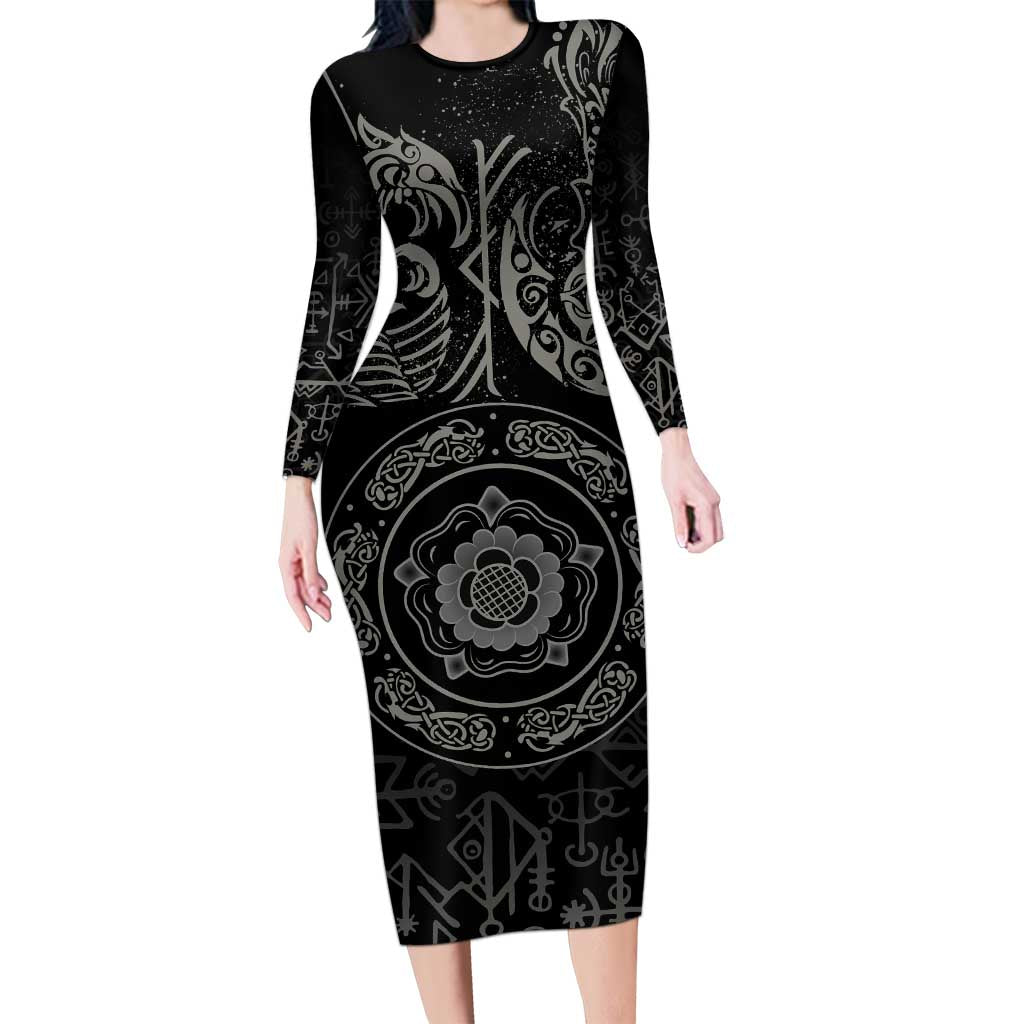 Viking Pride of Yorkshire Long Sleeve Bodycon Dress Black Odin’s Ravens Nordic - Wonder Print Shop
