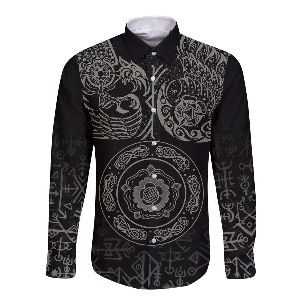 Viking Pride of Yorkshire Long Sleeve Button Shirt Black Odin’s Ravens Nordic - Wonder Print Shop