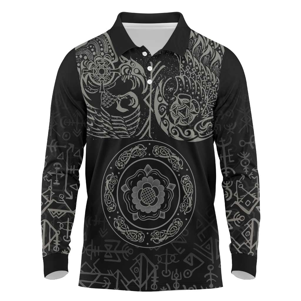 Viking Pride of Yorkshire Long Sleeve Polo Shirt Black Odin’s Ravens Nordic - Wonder Print Shop