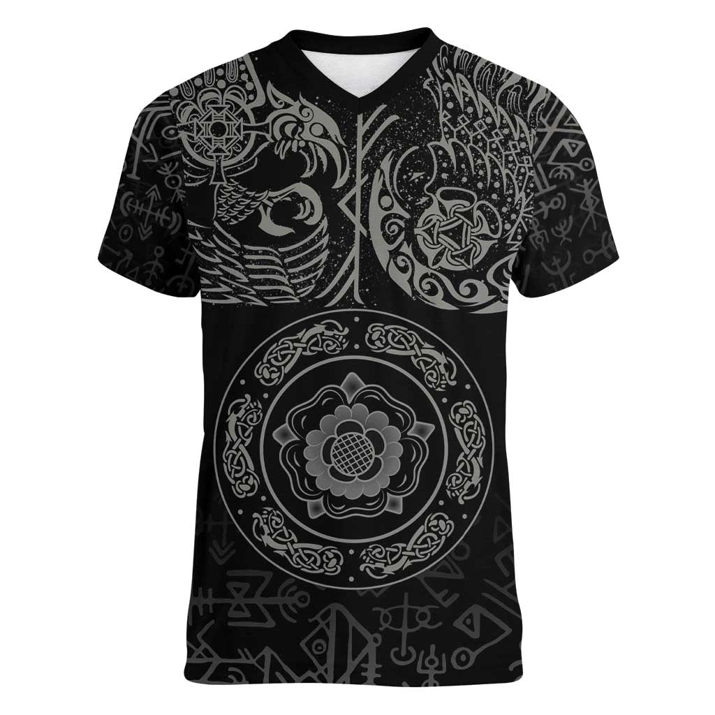 Viking Pride of Yorkshire Women V-Neck T-Shirt Black Odin’s Ravens Nordic - Wonder Print Shop