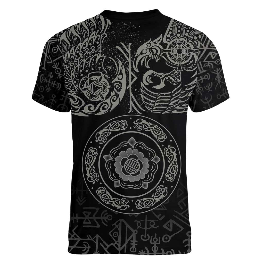 Viking Pride of Yorkshire Women V-Neck T-Shirt Black Odin’s Ravens Nordic - Wonder Print Shop
