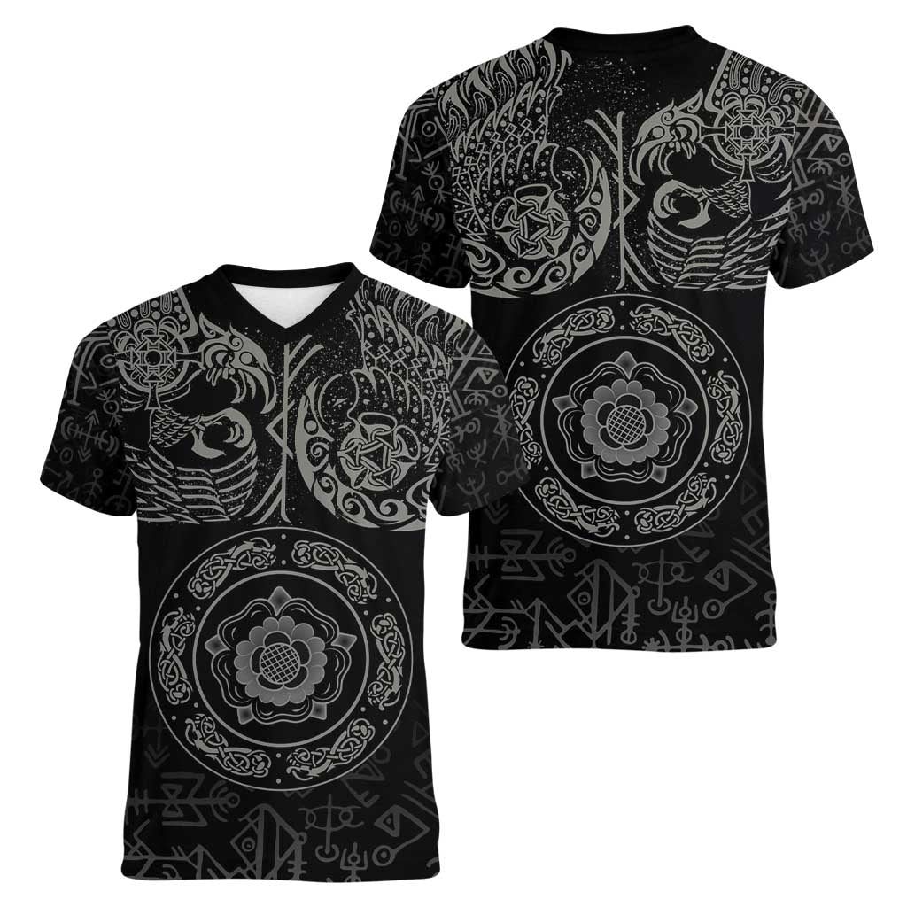 Viking Pride of Yorkshire Women V-Neck T-Shirt Black Odin’s Ravens Nordic - Wonder Print Shop