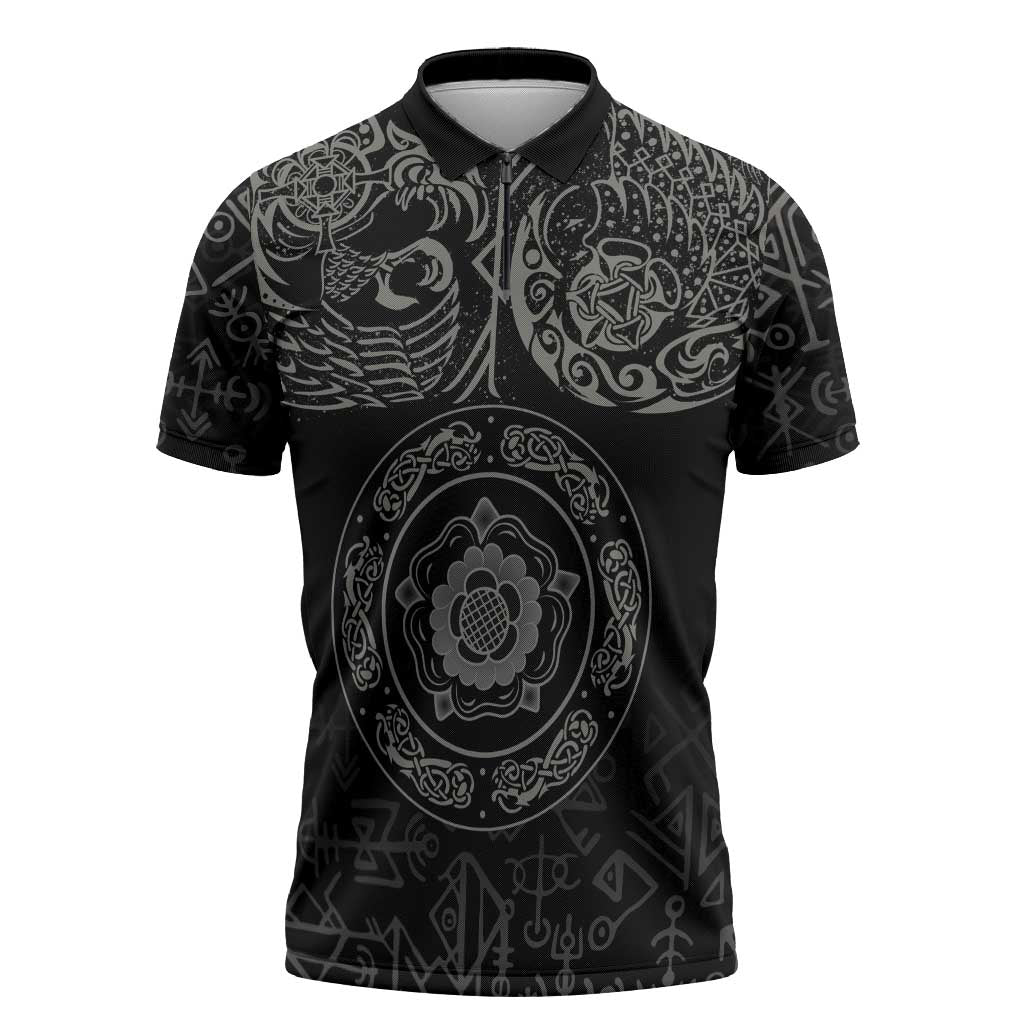 Viking Pride of Yorkshire Zipper Polo Shirt Black Odin’s Ravens Nordic - Wonder Print Shop