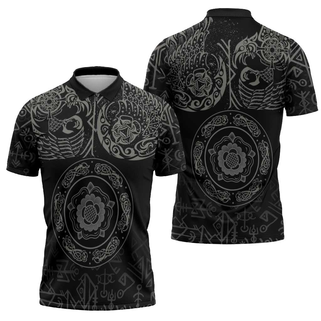Viking Pride of Yorkshire Zipper Polo Shirt Black Odin’s Ravens Nordic - Wonder Print Shop