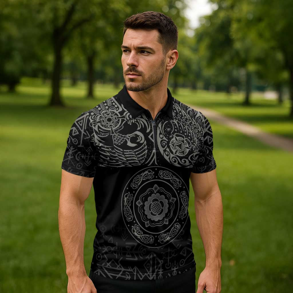 Viking Pride of Yorkshire Zipper Polo Shirt Black Odin’s Ravens Nordic - Wonder Print Shop