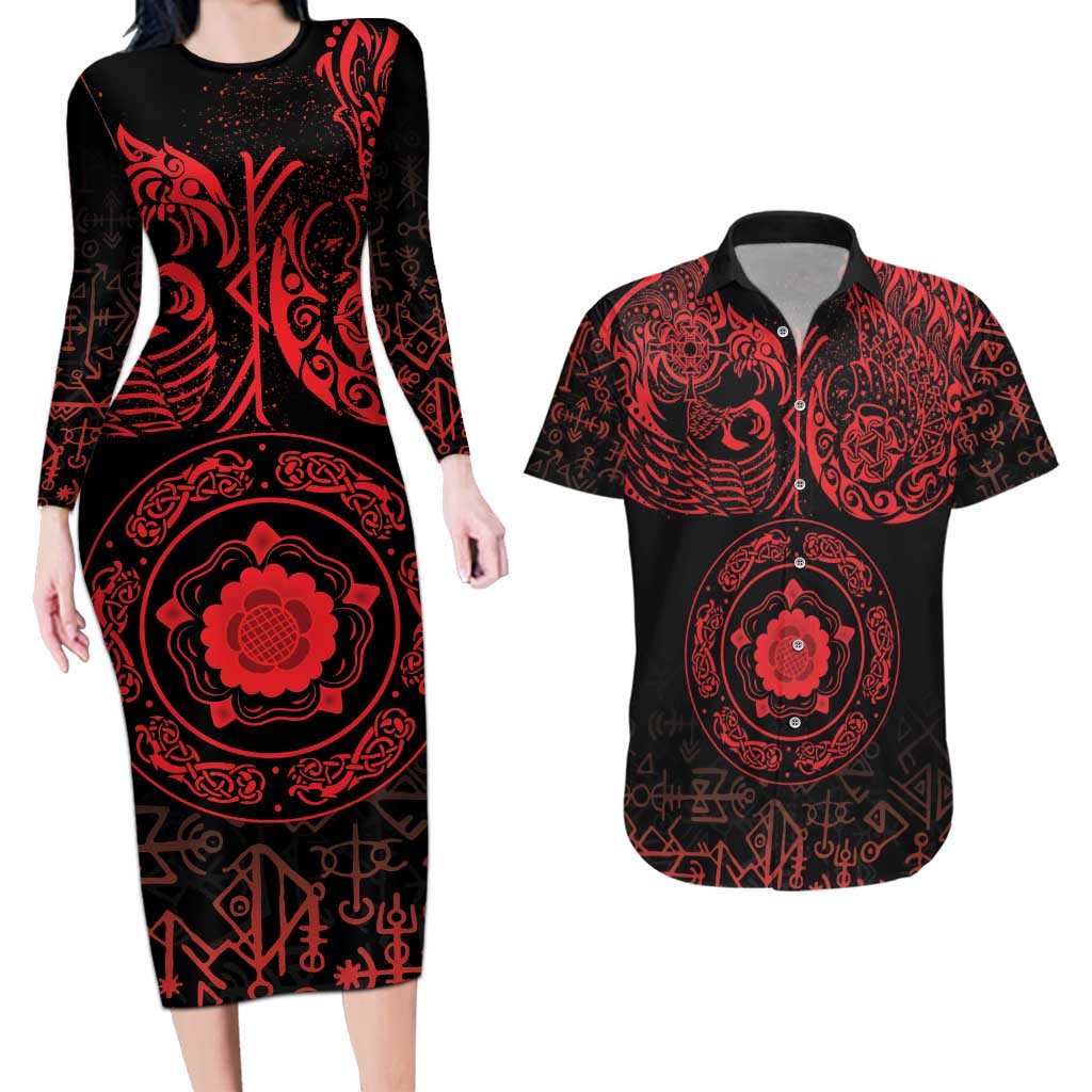 Viking Pride of Yorkshire Couples Matching Long Sleeve Bodycon Dress and Hawaiian Shirt Red Odin’s Ravens Nordic - Wonder Print Shop