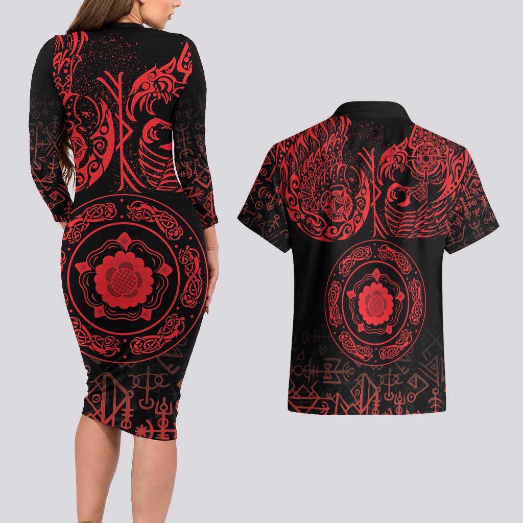 Viking Pride of Yorkshire Couples Matching Long Sleeve Bodycon Dress and Hawaiian Shirt Red Odin’s Ravens Nordic - Wonder Print Shop