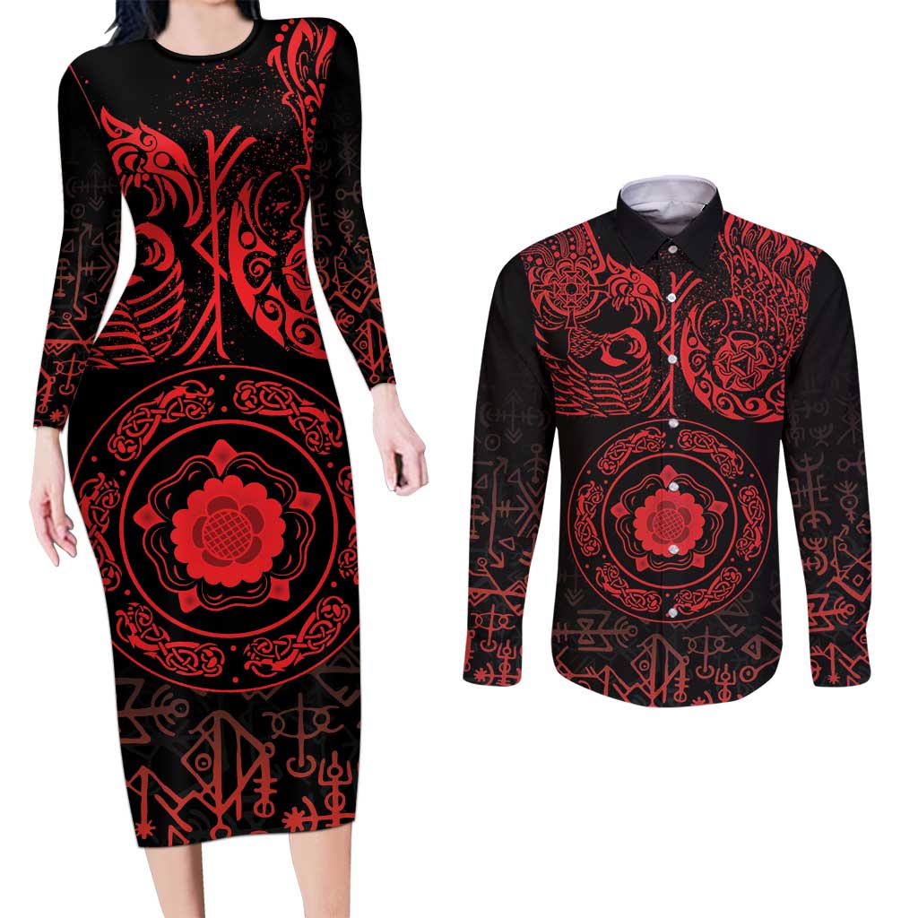 Viking Pride of Yorkshire Couples Matching Long Sleeve Bodycon Dress and Long Sleeve Button Shirt Red Odin’s Ravens Nordic - Wonder Print Shop
