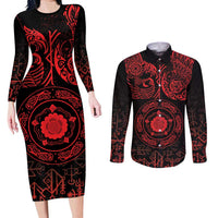 Viking Pride of Yorkshire Couples Matching Long Sleeve Bodycon Dress and Long Sleeve Button Shirt Red Odin’s Ravens Nordic - Wonder Print Shop