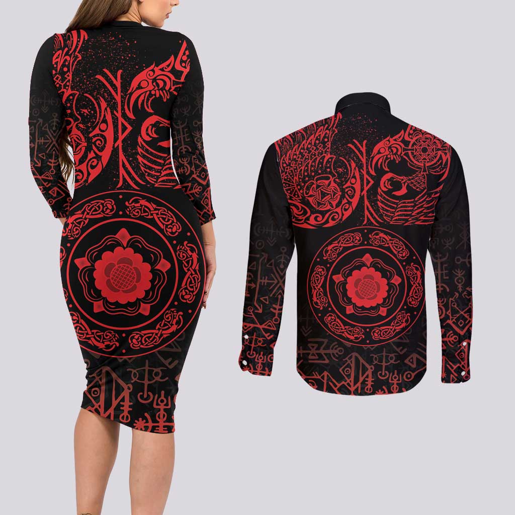 Viking Pride of Yorkshire Couples Matching Long Sleeve Bodycon Dress and Long Sleeve Button Shirt Red Odin’s Ravens Nordic - Wonder Print Shop