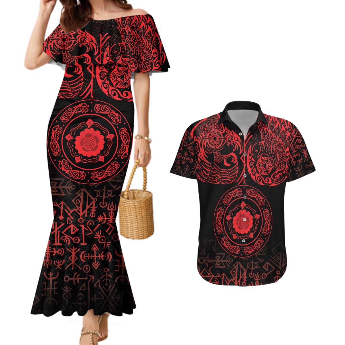Viking Pride of Yorkshire Couples Matching Mermaid Dress and Hawaiian Shirt Red Odin’s Ravens Nordic - Wonder Print Shop