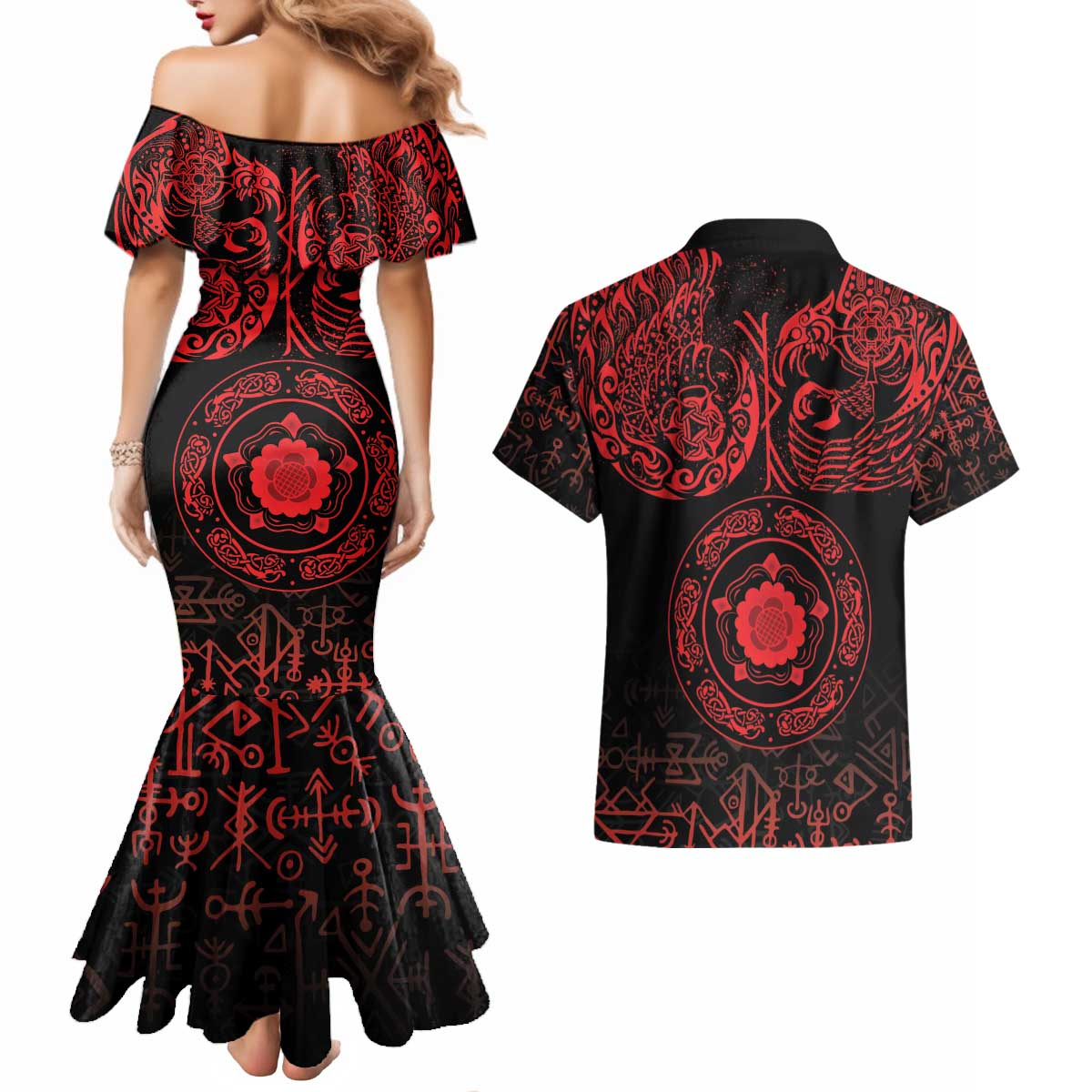 Viking Pride of Yorkshire Couples Matching Mermaid Dress and Hawaiian Shirt Red Odin’s Ravens Nordic - Wonder Print Shop