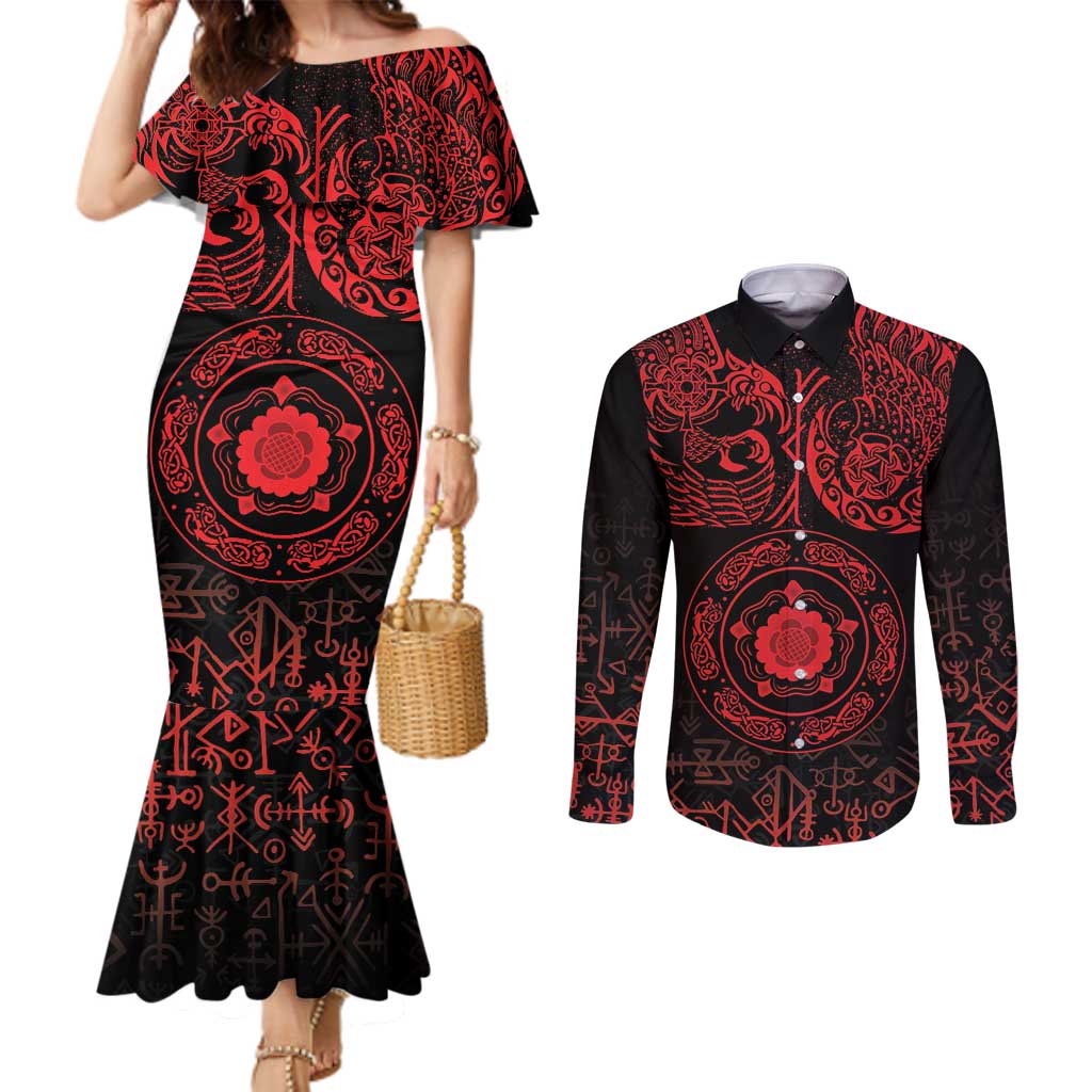 Viking Pride of Yorkshire Couples Matching Mermaid Dress and Long Sleeve Button Shirt Red Odin’s Ravens Nordic - Wonder Print Shop