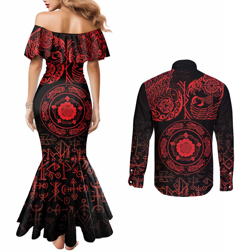 Viking Pride of Yorkshire Couples Matching Mermaid Dress and Long Sleeve Button Shirt Red Odin’s Ravens Nordic - Wonder Print Shop