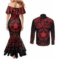 Viking Pride of Yorkshire Couples Matching Mermaid Dress and Long Sleeve Button Shirt Red Odin’s Ravens Nordic - Wonder Print Shop