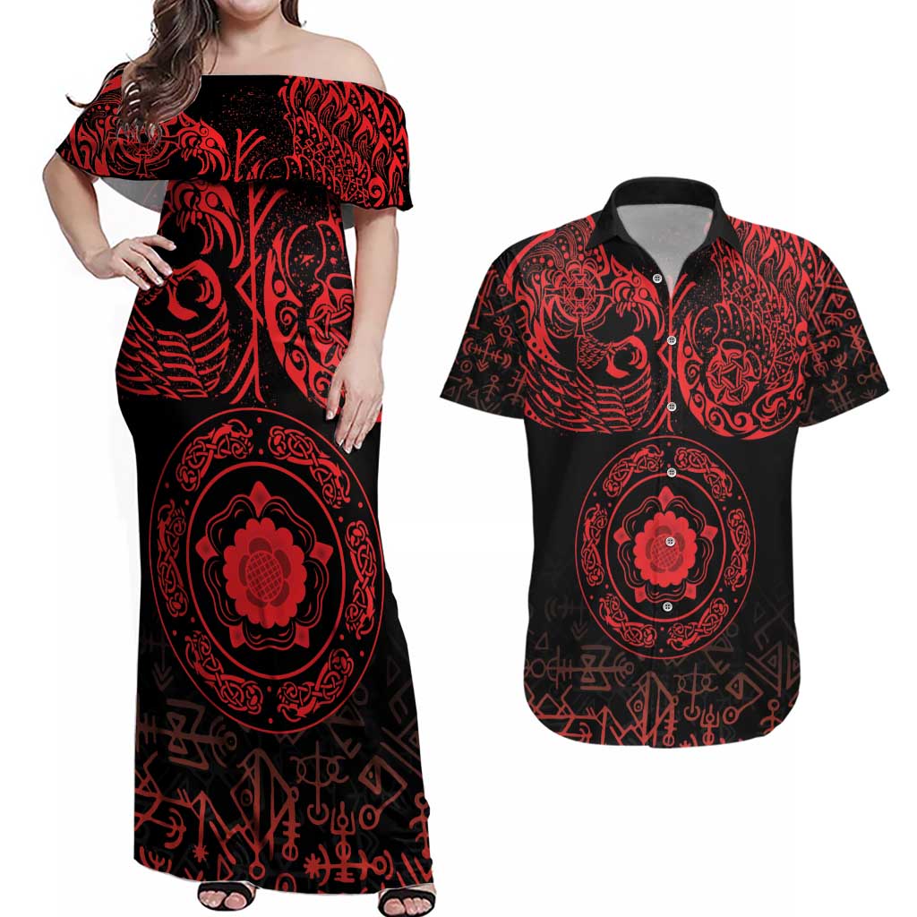 Viking Pride of Yorkshire Couples Matching Off Shoulder Maxi Dress and Hawaiian Shirt Red Odin’s Ravens Nordic - Wonder Print Shop