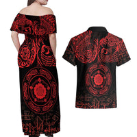 Viking Pride of Yorkshire Couples Matching Off Shoulder Maxi Dress and Hawaiian Shirt Red Odin’s Ravens Nordic - Wonder Print Shop