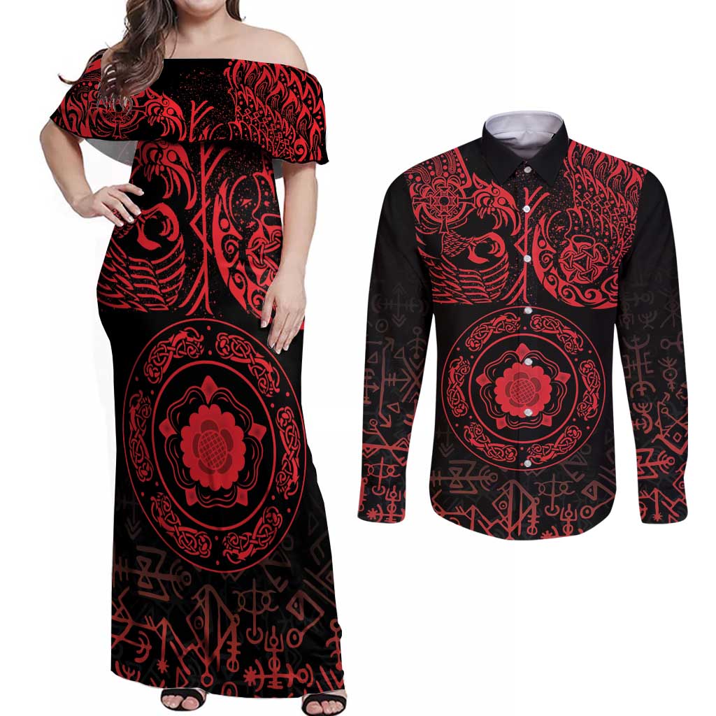 Viking Pride of Yorkshire Couples Matching Off Shoulder Maxi Dress and Long Sleeve Button Shirt Red Odin’s Ravens Nordic - Wonder Print Shop