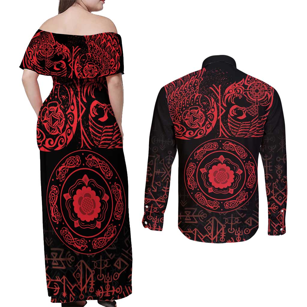 Viking Pride of Yorkshire Couples Matching Off Shoulder Maxi Dress and Long Sleeve Button Shirt Red Odin’s Ravens Nordic - Wonder Print Shop