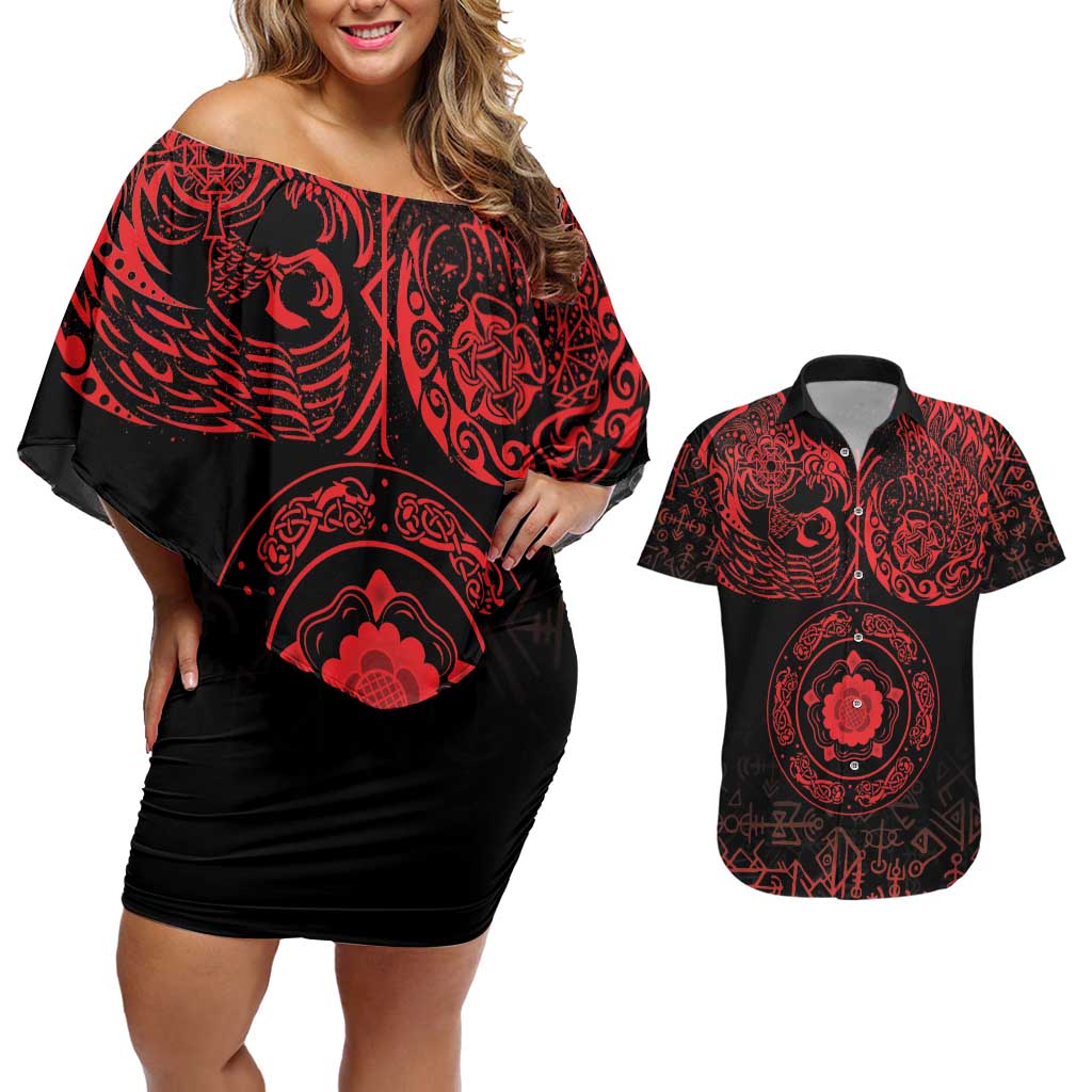 Viking Pride of Yorkshire Couples Matching Off Shoulder Short Dress and Hawaiian Shirt Red Odin’s Ravens Nordic - Wonder Print Shop