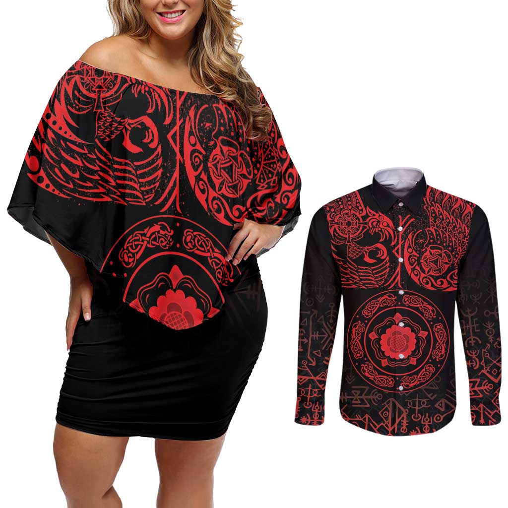 Viking Pride of Yorkshire Couples Matching Off Shoulder Short Dress and Long Sleeve Button Shirt Red Odin’s Ravens Nordic - Wonder Print Shop