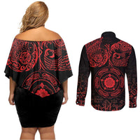 Viking Pride of Yorkshire Couples Matching Off Shoulder Short Dress and Long Sleeve Button Shirt Red Odin’s Ravens Nordic - Wonder Print Shop